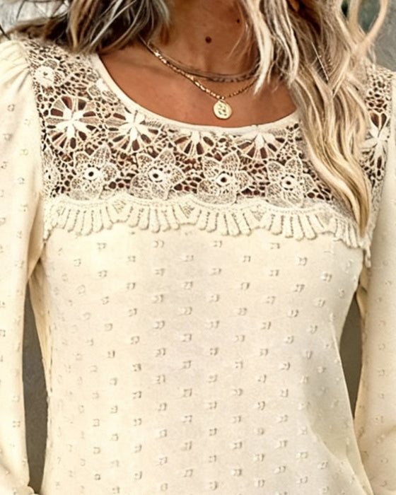 Topp med rund hals jacquard spets och patchworkdesign