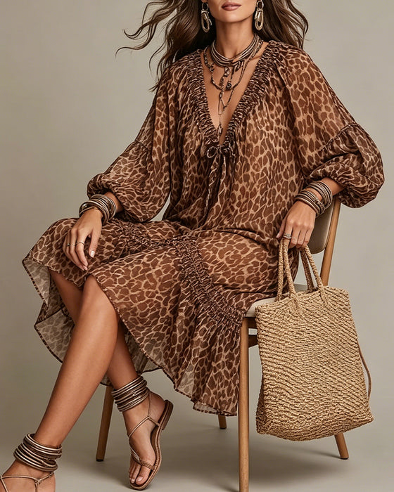 Klänningar V-Hals Knyt Leopard Lykta Ärm