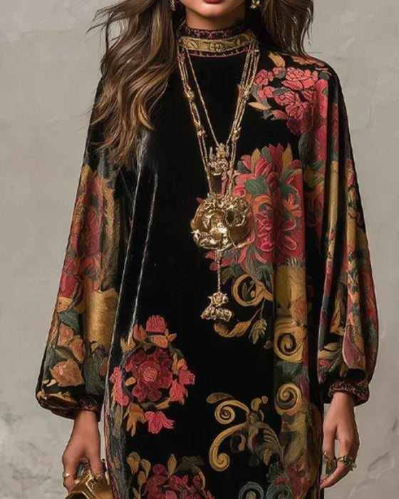Klänning Mock-Neck Floral Velvet Långärmad Maxi
