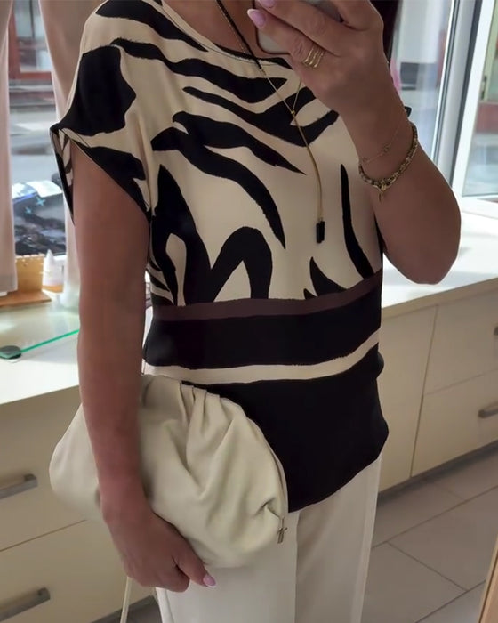 Blus Rund Hals Geometrisk Patchwork Kort Ärm