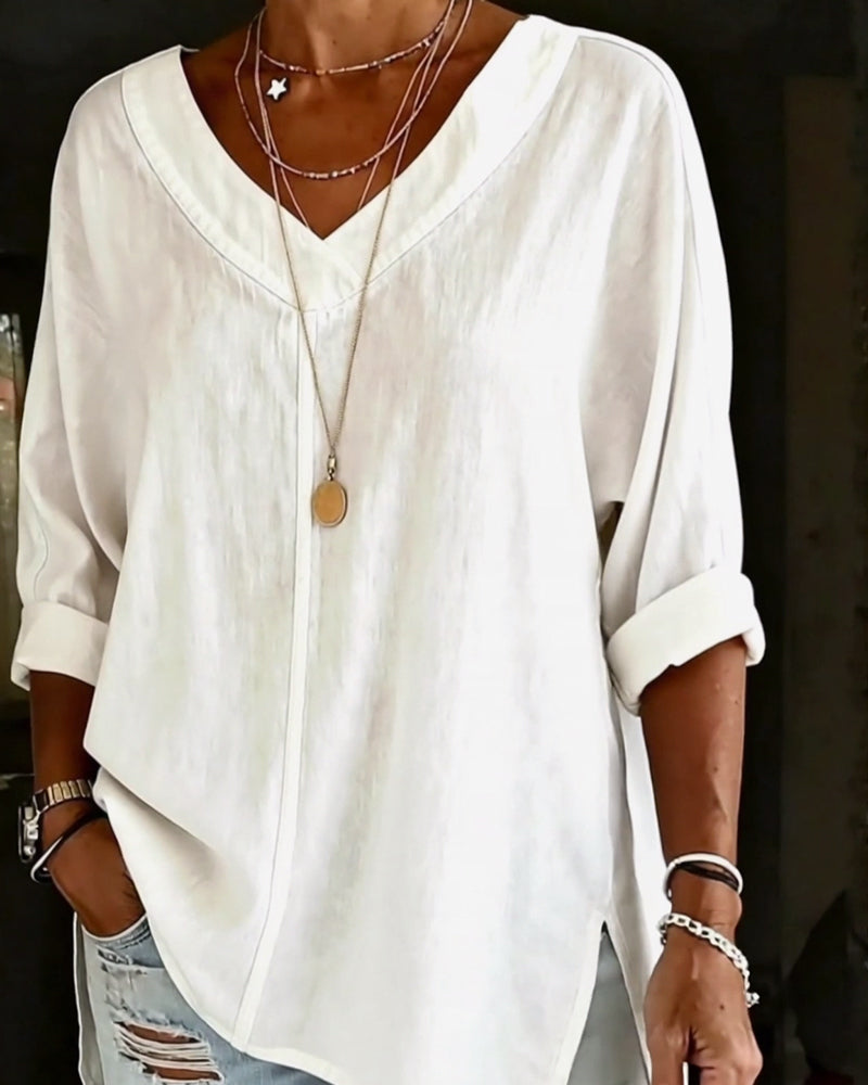 Topp V-Hals Sju-Ärm Delad Bomull Lin