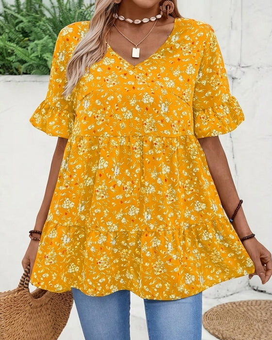 Blus V-Hals Flutter Ärm Blommig