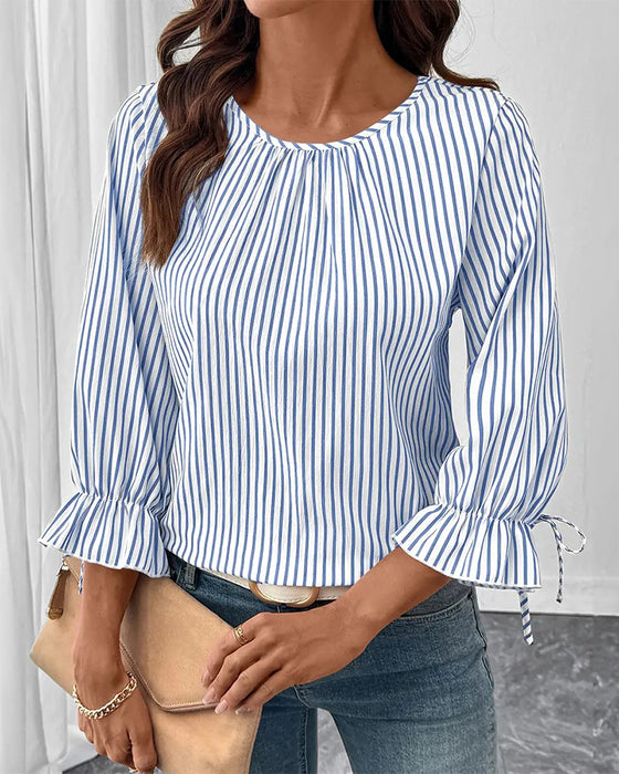 Blus Randig Rundhalsad Bubbel Ärm