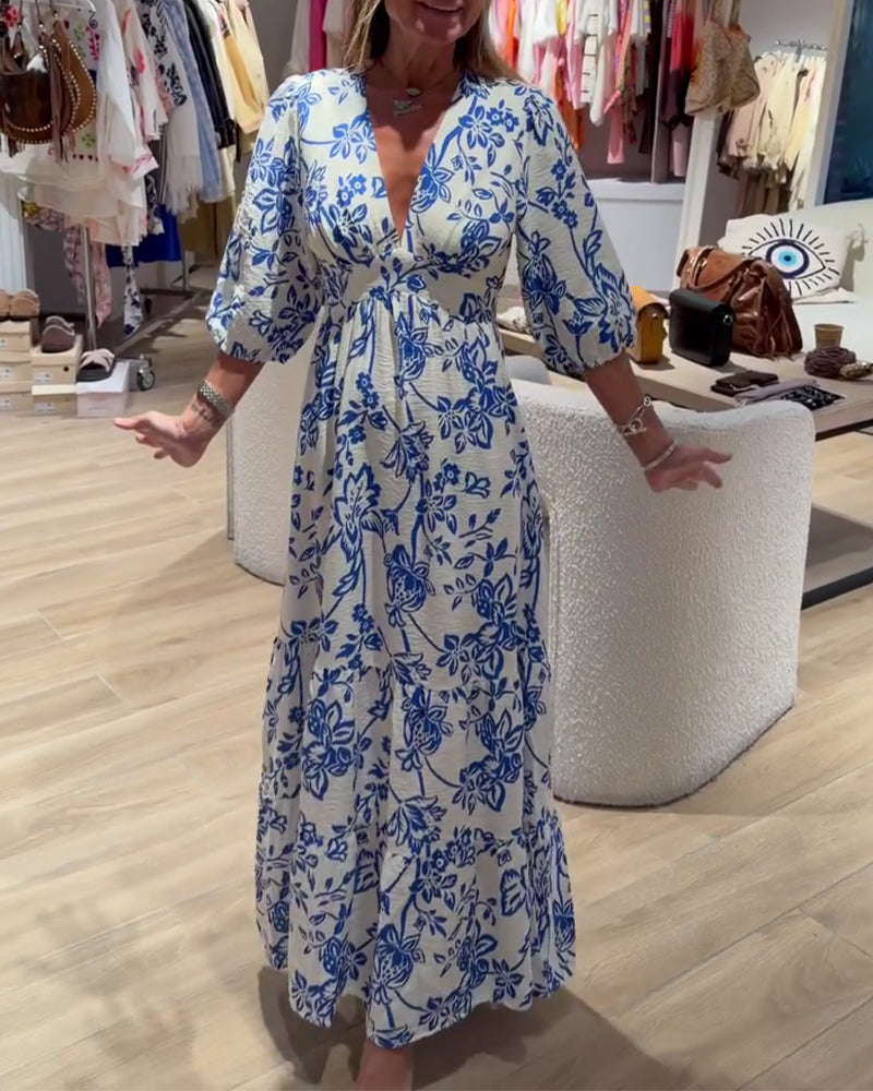 Klänning Djup V-Hals Elegant Blommig Lång