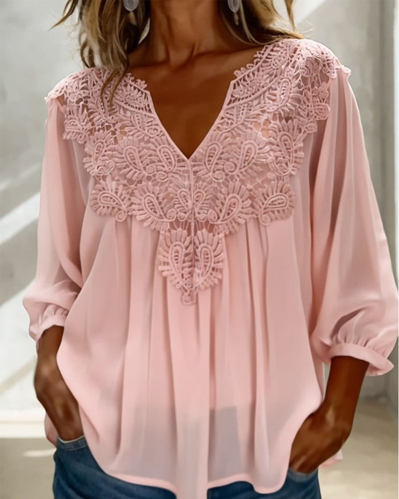 Blus V-Ringning Spets Enfärgad