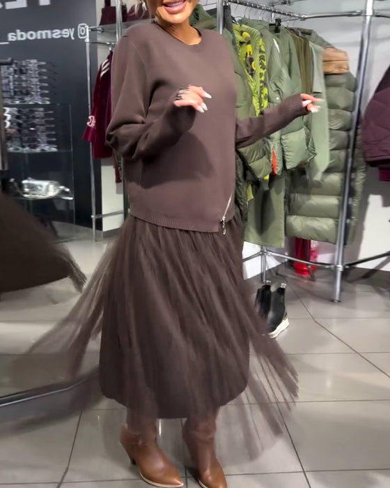 Stilrent Set Med Rundhalsad Tröja Och Dragkedjedetalj