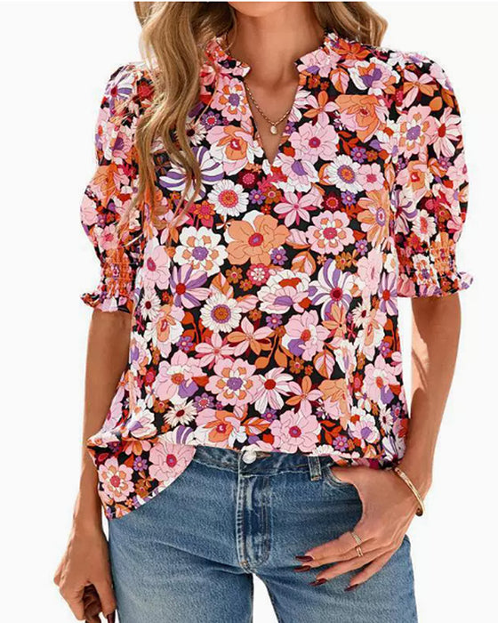 Blus Blommig Puff Kort Ärm