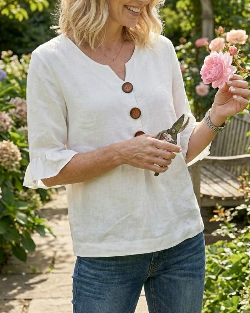 Blusar Enfärgad Bomullslinne Träknappar Rynkningar