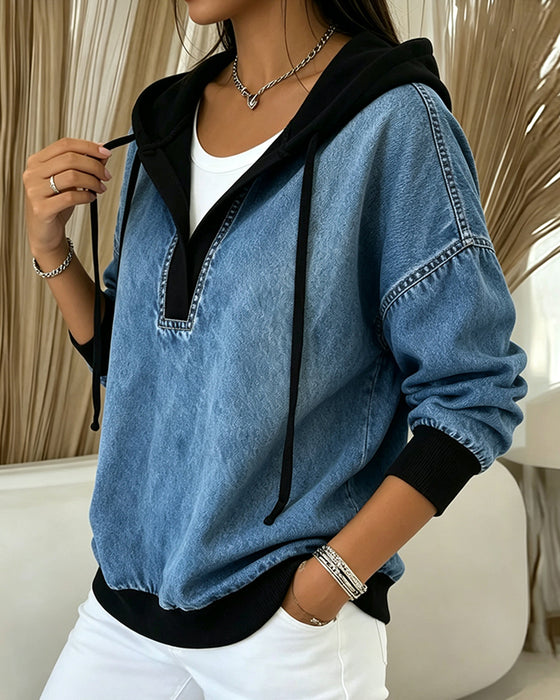 Hoodie Färgblock V-Hals Dragsko