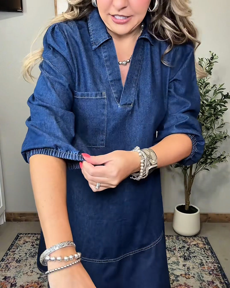 Jeansklänning Med Krage Och Lykthylsärmar