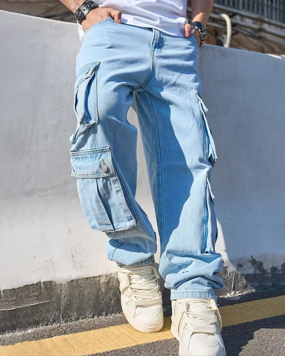 Jeans Herr Löst Fast Flik Ficka Cargo Denim