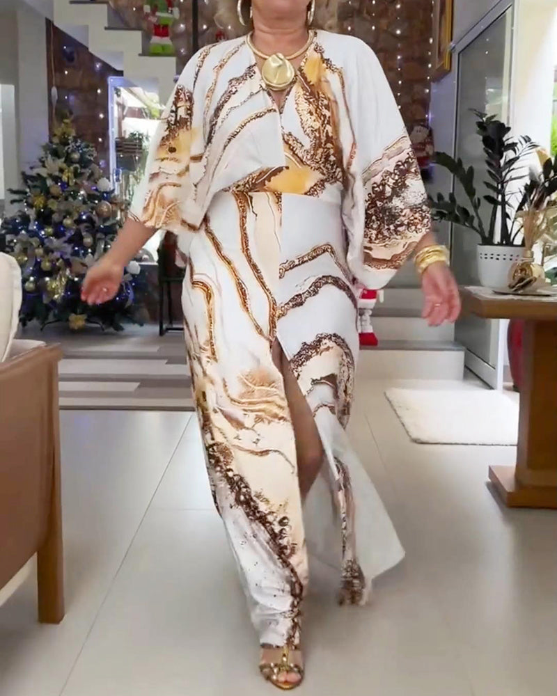 Klänning Långärmad V-Ringning Slits Tryckt