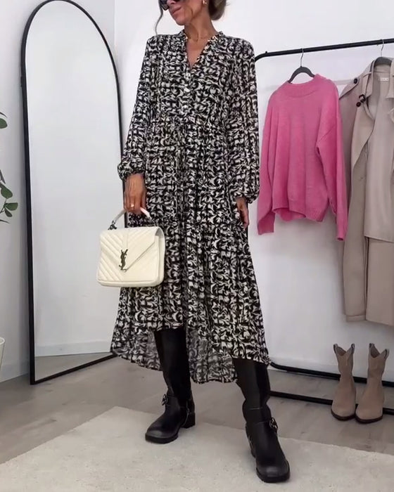 Klänning avslappnad tryckt a-linje lång ärm