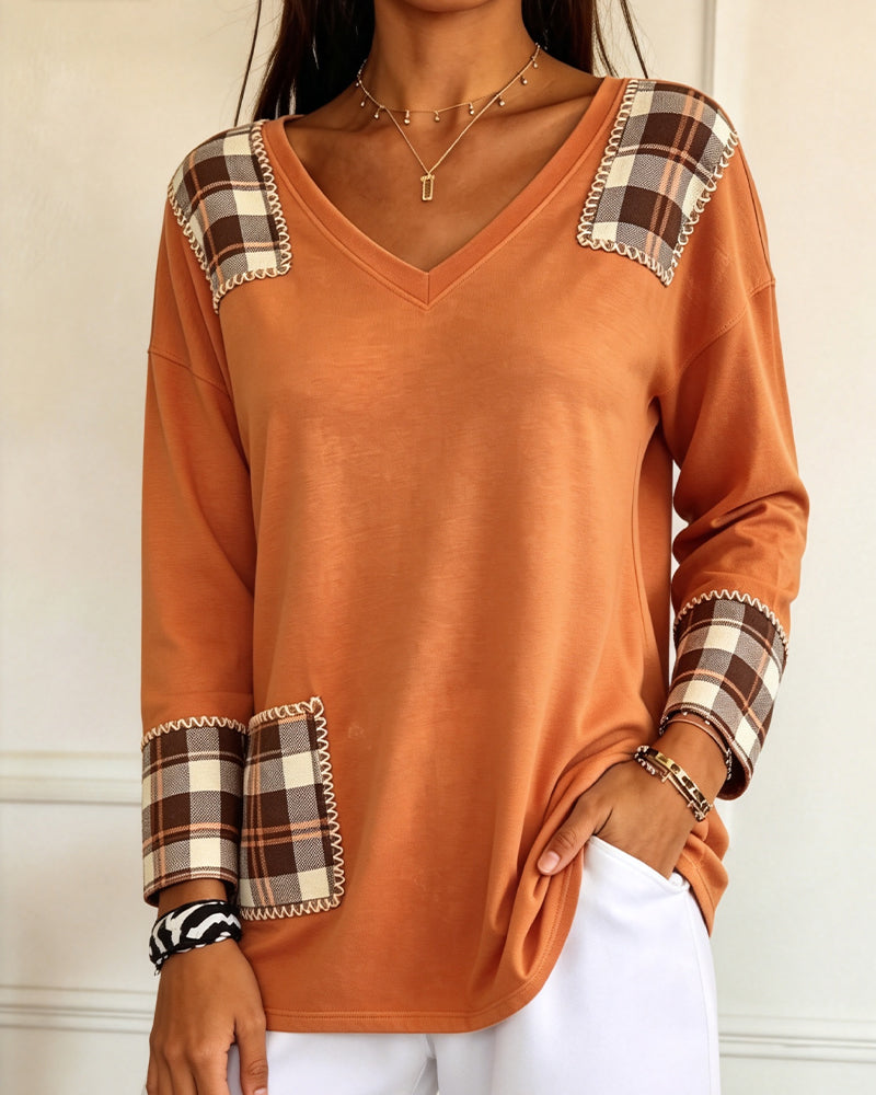 Topp Ruta Patchwork V-Hals Casual