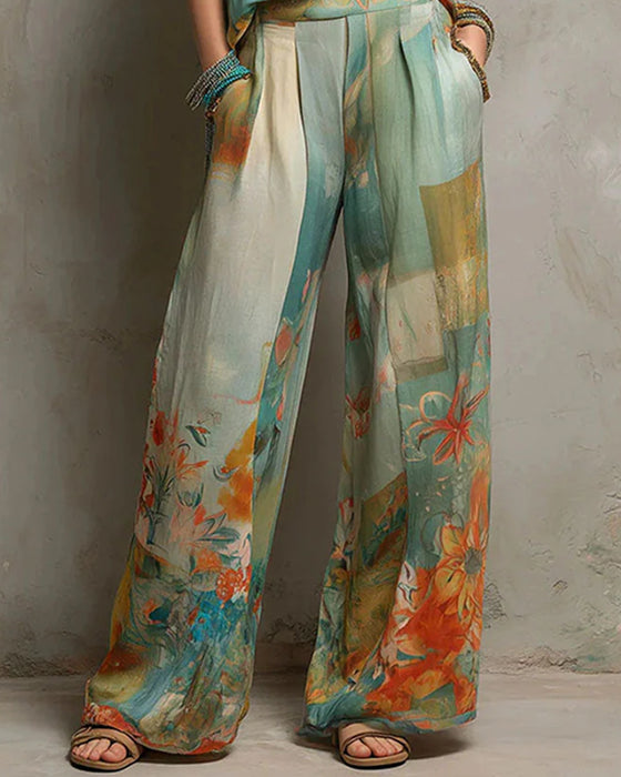 Set V-Hals Blommig Blus + Raka Ben Byxor