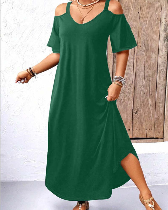 Klänning Enfärgad V-Ringning Off-Shoulder Lång
