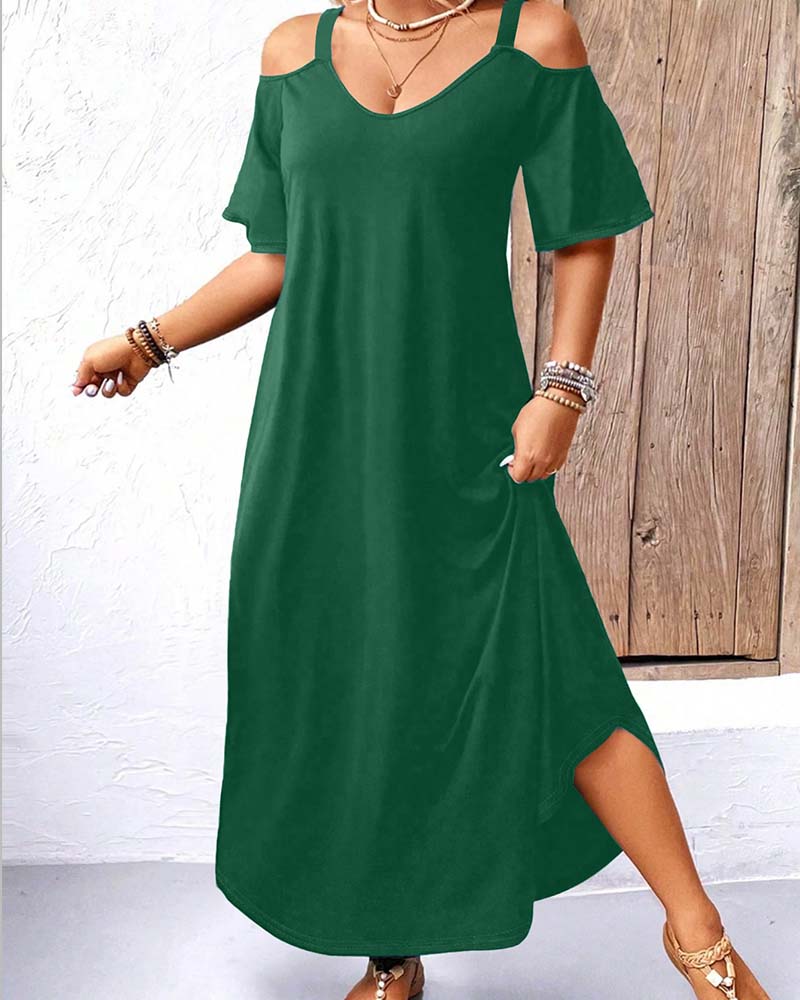 Klänning Enfärgad V-Ringning Off-Shoulder Lång