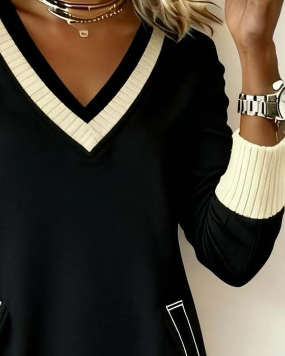 Klänning Långärmad V-Ringning Kontrast Stickad