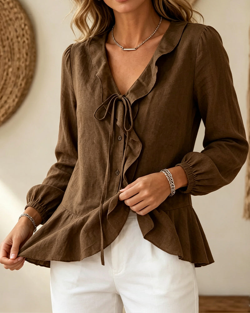 Blus V-Hals Ruffle Slips Lång Ärm