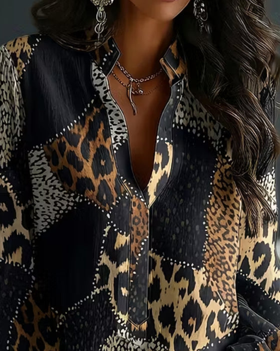 Blus Mini Mandarin Krage Leopard Panel Avslappnad