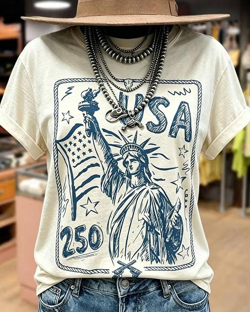 Retroprintad T-Shirt Med Kort Ärm Och Lös Passform