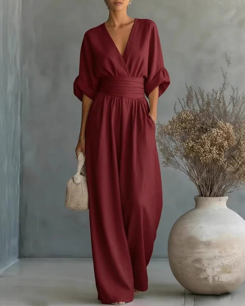 Jumpsuit V-Hals Kors Midjeknyt Bred Ben