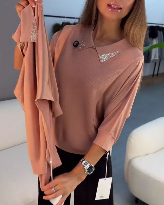 Pullover Slag Armbågslång Ärm Stickad Elegant
