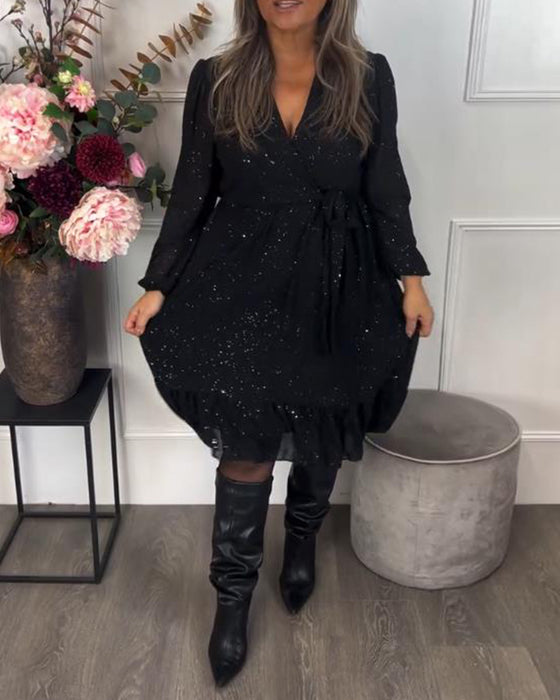 Klänning Med V-Hals Design, Bindning Vid Midja Detalj Och Skimmer Stoff