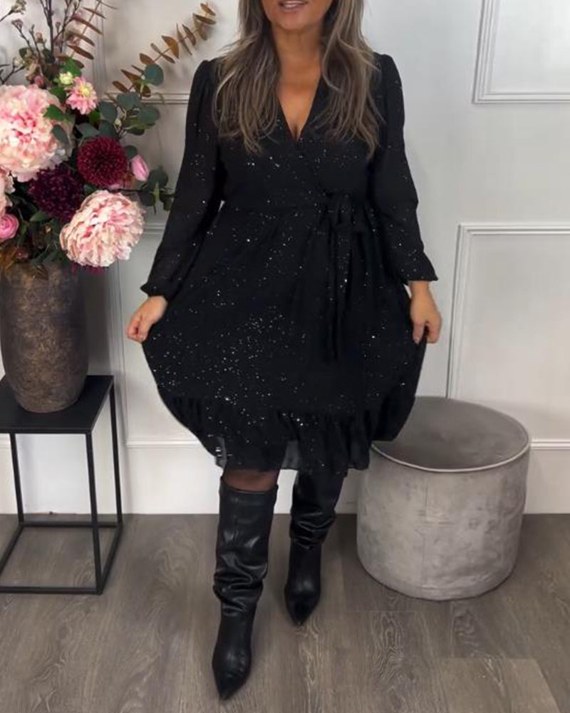 Klänning Med V-Hals Design, Bindning Vid Midja Detalj Och Skimmer Stoff