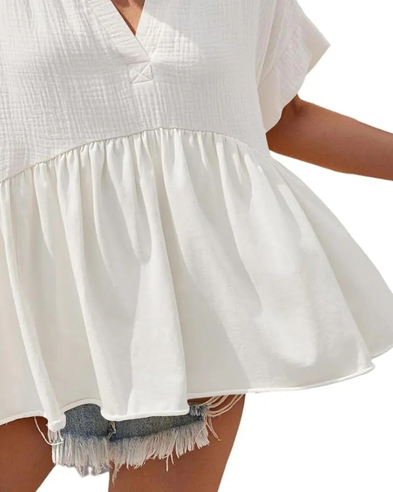 Blus Enfärgad V-Ringad Texturerad