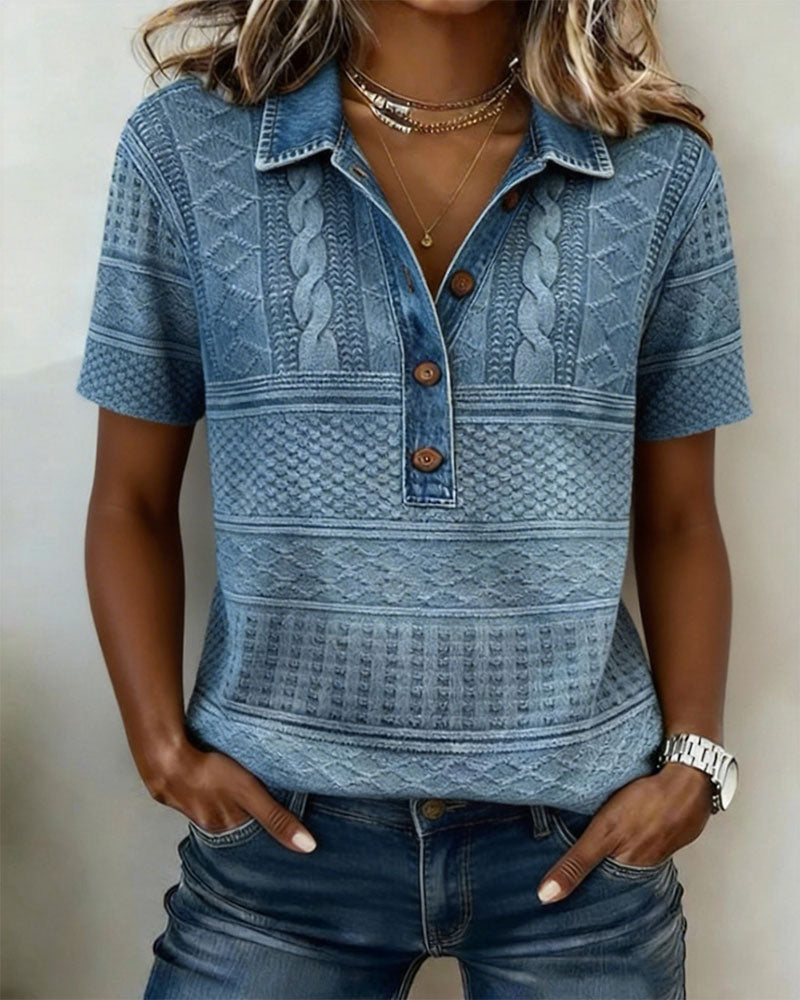 T-Shirt Nedfällbar Krage Denim Tryckt