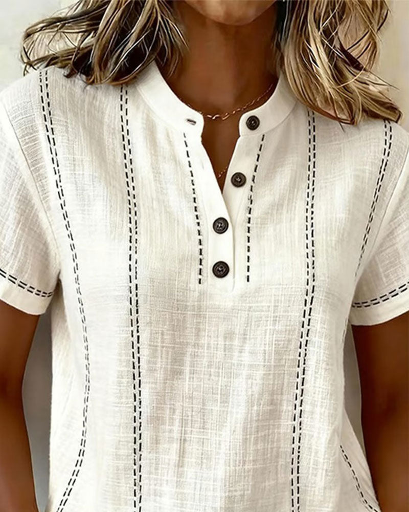 T-Shirt Mode Avslappnad Knapp V-Hals