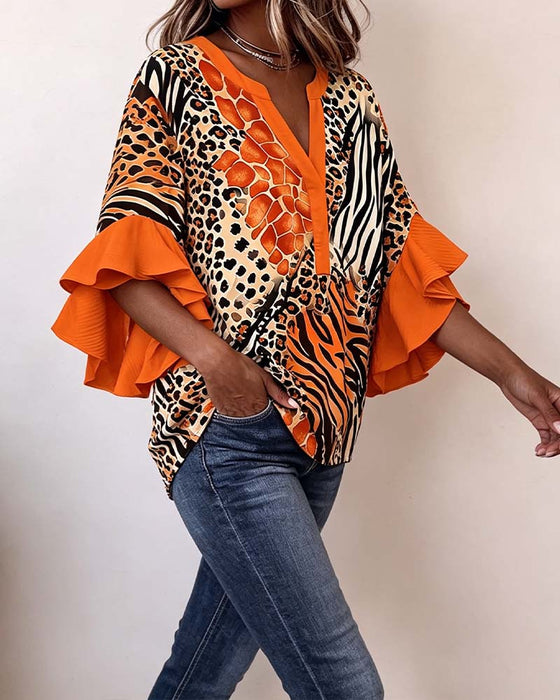 Blus Zebra Leopard Tryck Ruffle Ärm