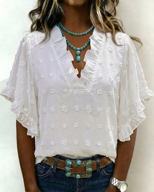 Blus Jacquard V-Ringning Volang