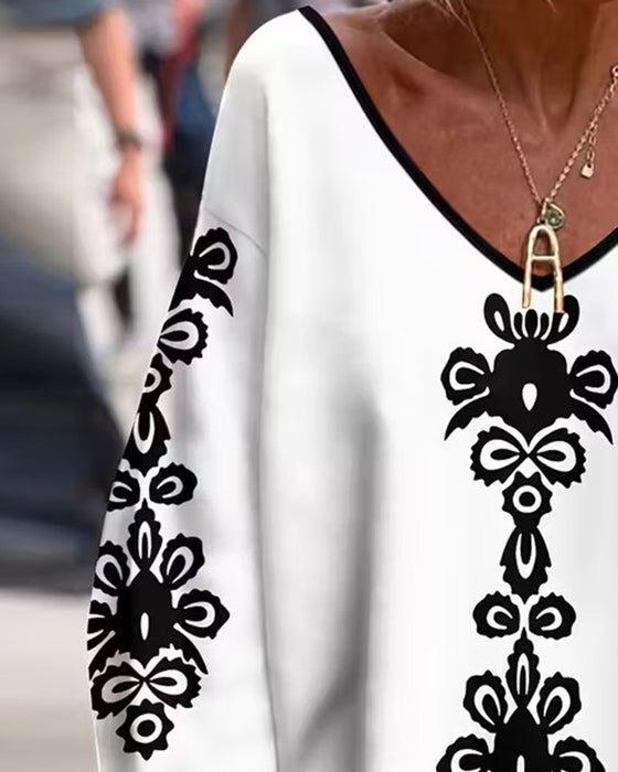 Färgblockad V-ringning Mönstrad Långärmad Topp