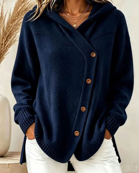 Pullover Knäppt Lång Ärm Huva