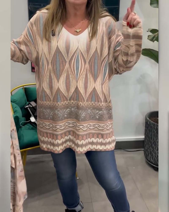 Topp Geometrisk Diamanttryck Långärmad V-Ringning