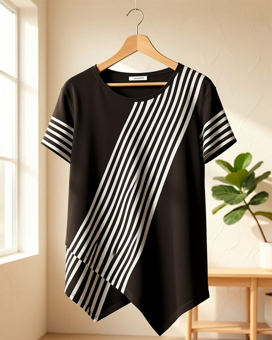 T-Shirt Diagonal Rand Patchwork Rundhalsad