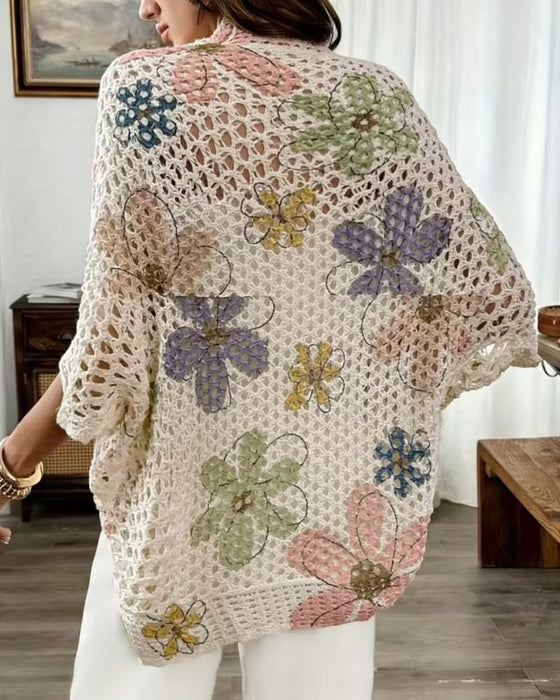 Cardigan Urholkning Blommönster Stickad