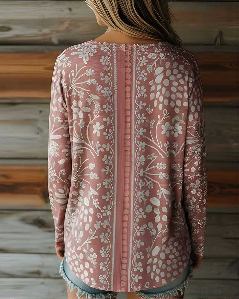 Topp Etniskt Print V-Ringning Långärmad