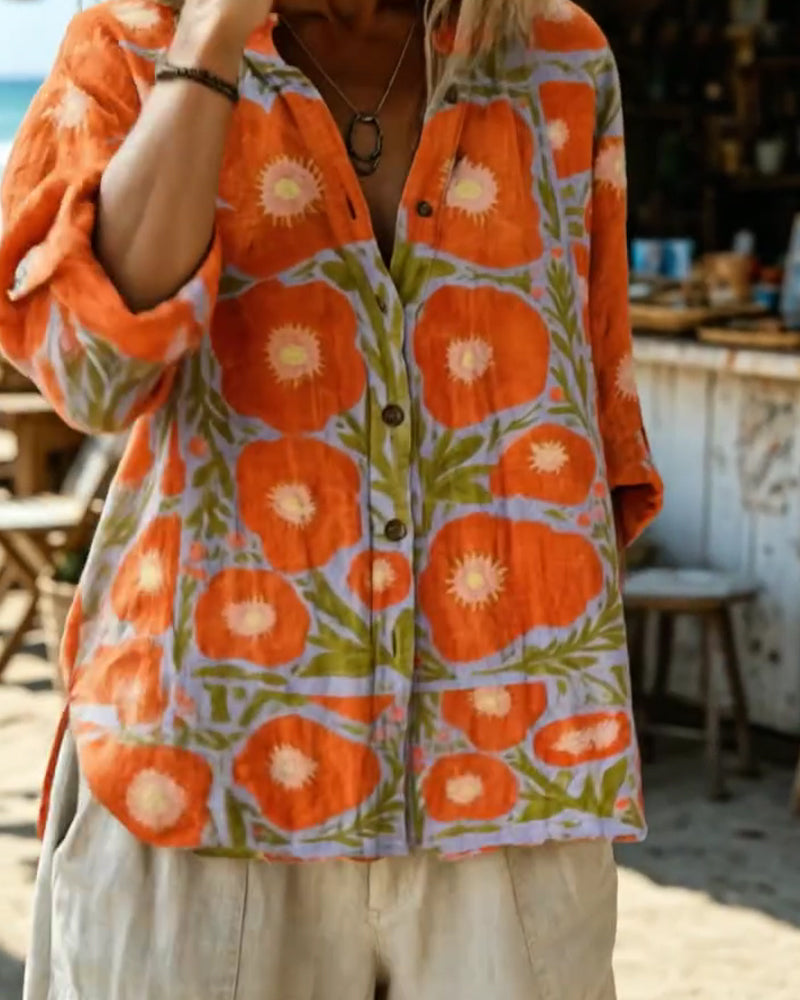 Skjorta Ståkrage Knäppning Vintage Blommig