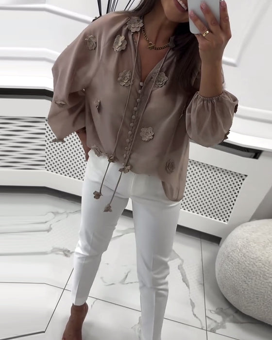 Blus Enfärgad 3D-Blommig Snörning