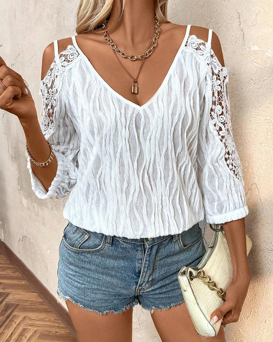 Blus Spets Off-Axel Rynkad Texturerad