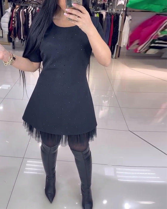 Klänning Kortärmad Mesh Kjol Pärlsömmar