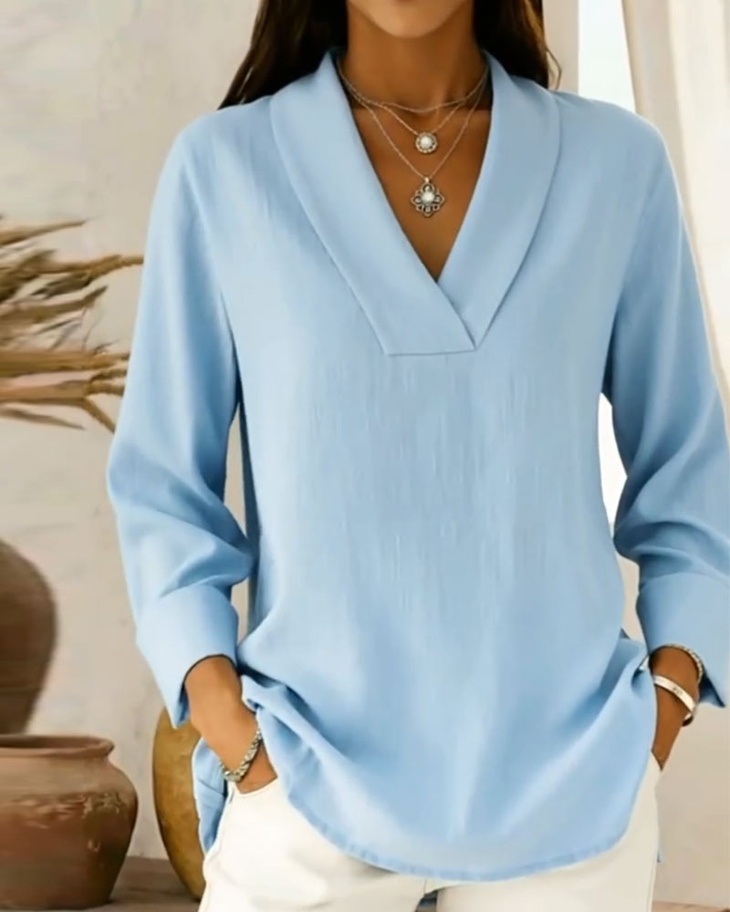 Topp Enkel V-Hals Lång Ärm