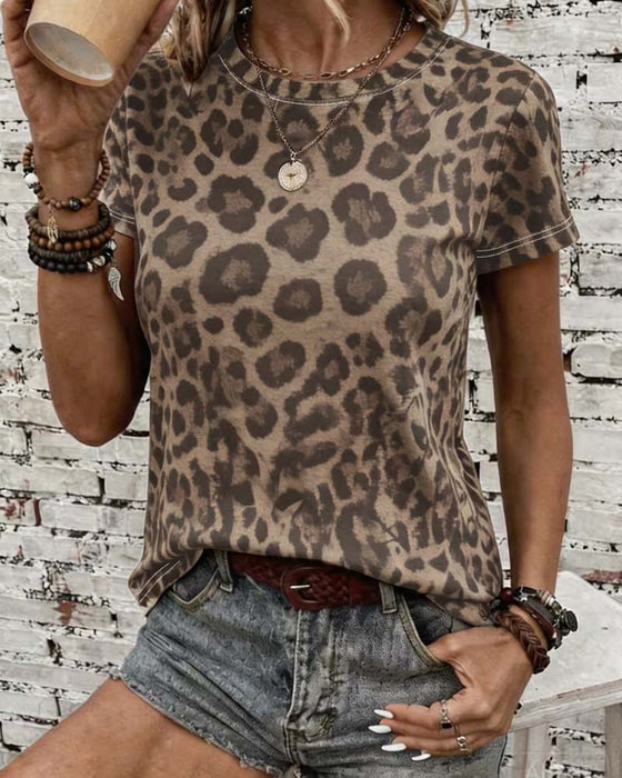 T-shirt Rundhals Leopardmönster Slim-Fit Kortärm
