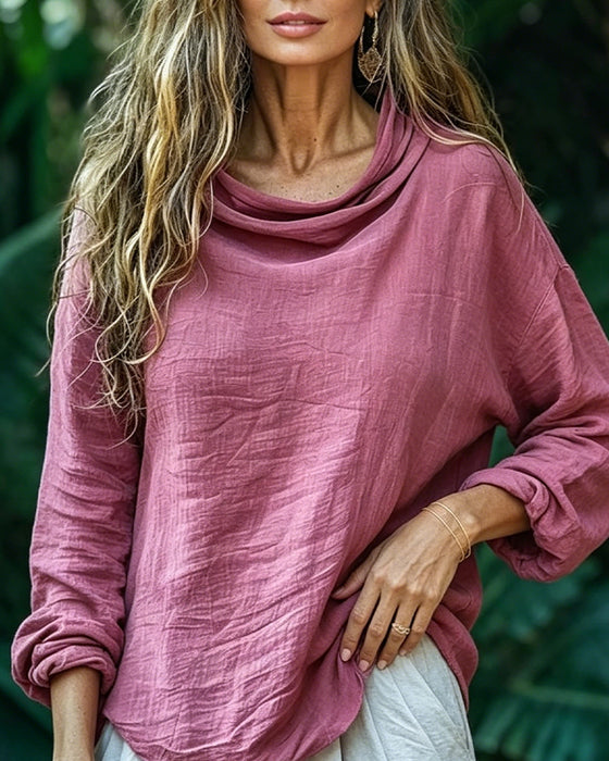 Blus Draperad Hals Casual Solid Lång Ärm