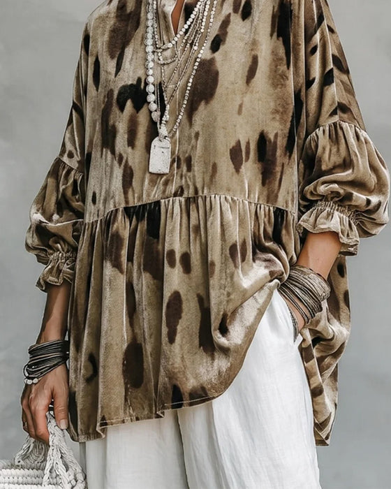 Blus V-Hals Ruffle Kontrast Panel