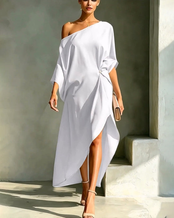 Klädning Off-Shoulder Rynkad Oregelbunden Solid