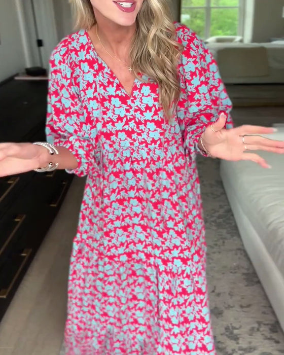 V-ringad blommig klänning med lykta ärm